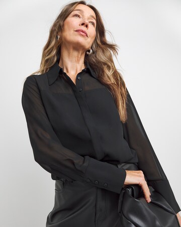 Womens Chiffon Mix Long Sleeve Shirt - Black
