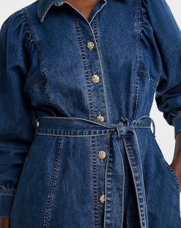 Pure Cotton Mid Blue Volume Sleeve Denim Midi Dress