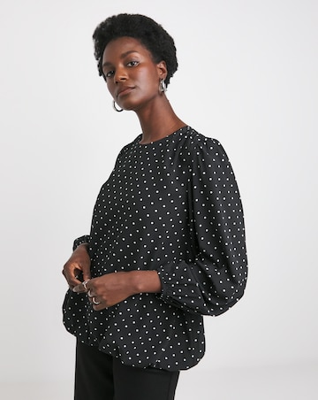Crew Neck Blouson Sleeve Blouse - Black Spot