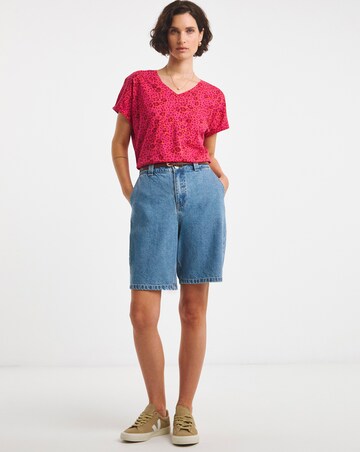 Pure Cotton Pink Print V Neck Printed T-Shirt
