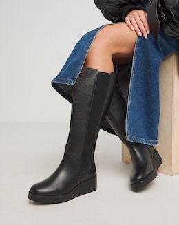 Mars Wedge Knee High Leather Chelsea Boot - Wide Fit (E) &amp; Super Curvy
