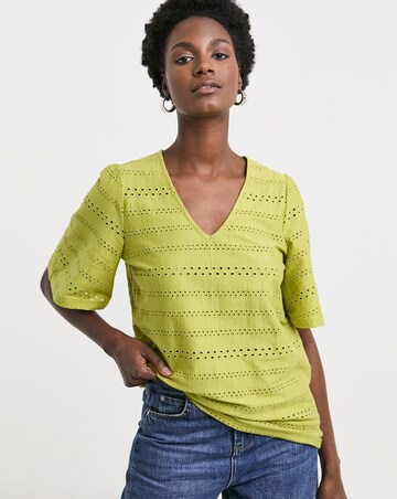 Pure Cotton Green V - Neck Broderie Top
