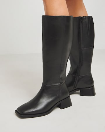 Heavenly Soles Velma Block Heel Leather Knee Boots - Wide Fit (E) & Curvy Calf