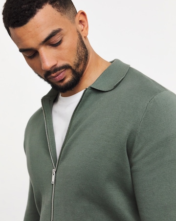 Green Cotton Knitted Zip Through Shirt
