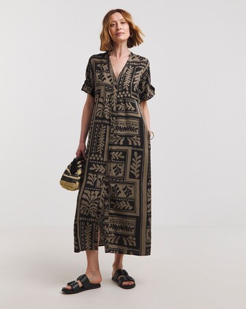Collarless Placket Detail Smock Midi Dress