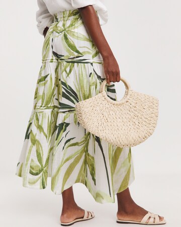 Green Palm Print Cheesecloth Midi Skirt