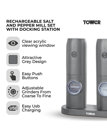 Tower Rechargeable Salt & Pepper Mill Grey