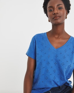 Blue V-Neck Broderie Short Sleeve T-Shirt