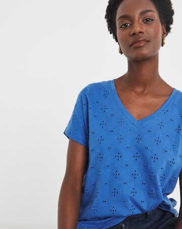 Blue V-Neck Broderie Short Sleeve T-Shirt