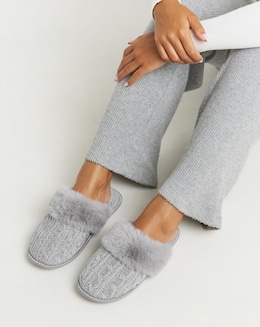 Dana Faux Fur Trim Mule Slippers - Extra Wide Fit (EEE)
