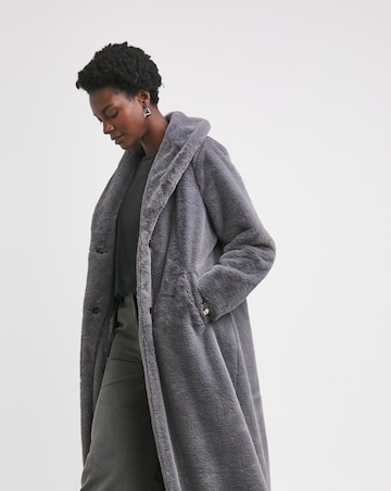 Grey Longline Faux Fur Coat
