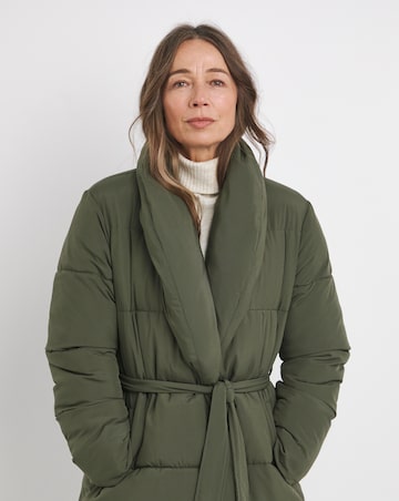 Green Longline Belted Padded Coat