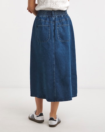 Mid Blue Elasticated Waist Midi Denim Skirt
