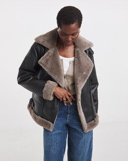 Black Contrast Faux Fur Lined Aviator Jacket