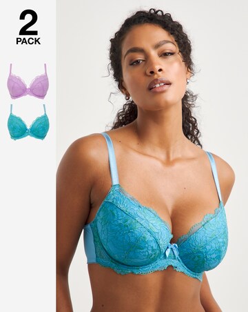 Pretty Secrets (2 Pack) Ella Lace Padded Plunge Wired Bras (B-J) Lilac/Blue
