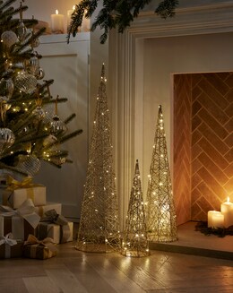 Set of 3 Gold Shimmer Light Up Cone Trees