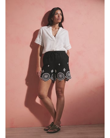Black Linen Mix Broderie Hem Shorts