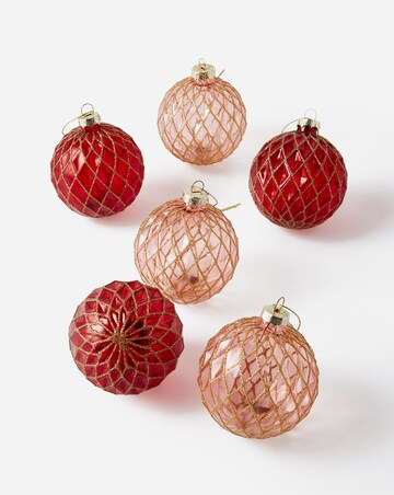 Set of 6 Red and Pink Baubles with Gold Glitter