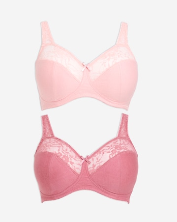 Pretty Secrets (2 Pack) Cotton Lace Non Wired Full Cup Bras (B-G) Pink Multi