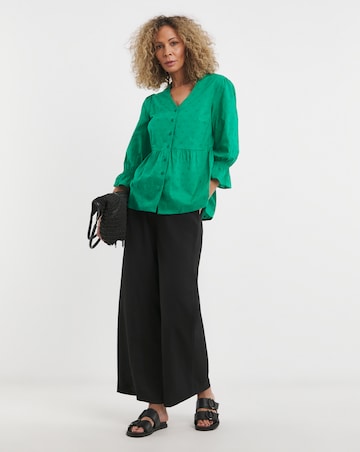 Green Cotton Dobby Puff Sleeve Top