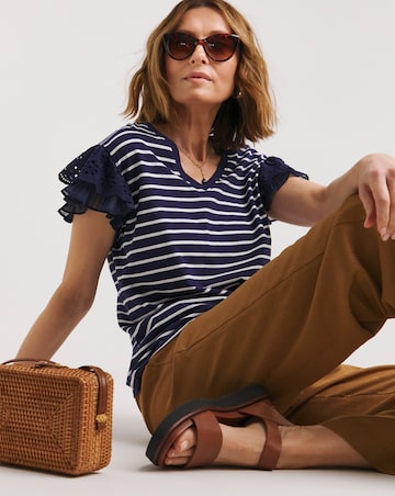 Plisse & Broderie Sleeve V Neck Top