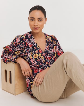 Mixed Print Volume Cuff Blouse