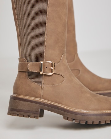 Apollo Knee High Elasticated Boots Buckle Detail - Wide Fit (E) & Curvy Calf