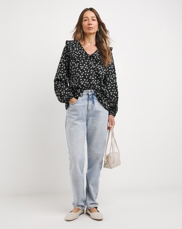 Womens Collar Detail Frill Button Through Blouse - Black Floral