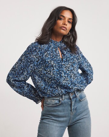 Blue Print Sheer Shirred Yoke Blouse With Shirred Cuffs