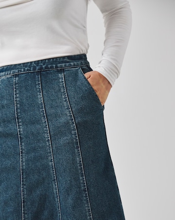 Indigo Raw Edge Fit and Flare Full Denim Skirt