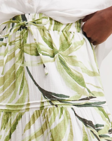 Green Palm Print Cheesecloth Midi Skirt