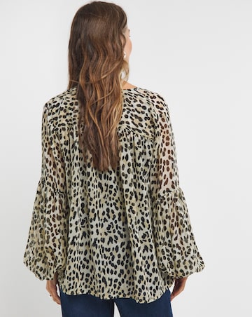 Georgette Blouson Sleeve Tie Detail Blouse - Leopard