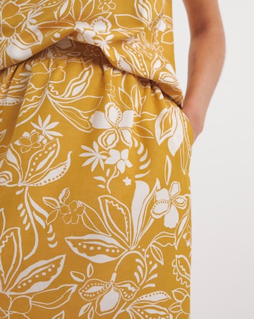 Yellow Print Linen Mix Midi Skirt