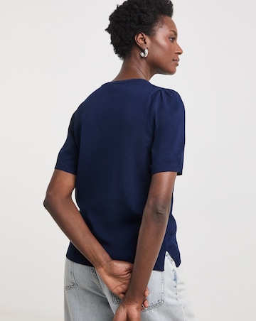 Navy Crew Neck Short Puff Sleeve Jumper