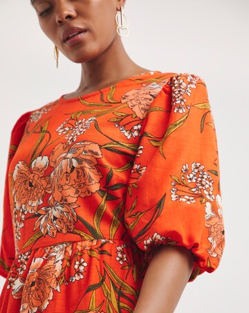 Linen Mix Smock Dress With Puff Sleeves and Open Back