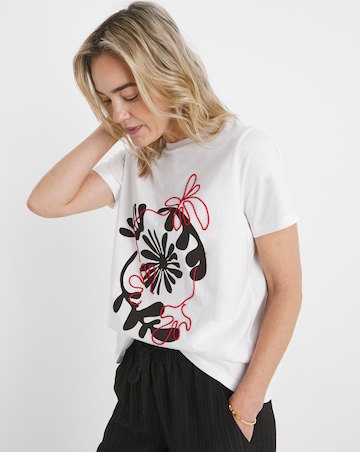 Pure Cotton White Crew Neck Embroidered Placement T-Shirt