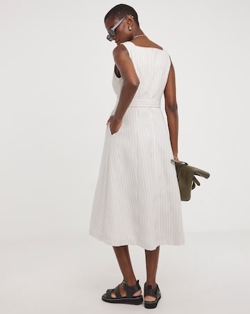 Pinstripe Linen Pinafore Dress With Detachable Belt