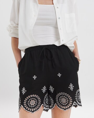 Black Linen Mix Broderie Hem Shorts