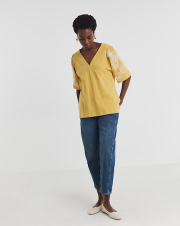 Pure Cotton V Neck Embroidered Sleeve Top