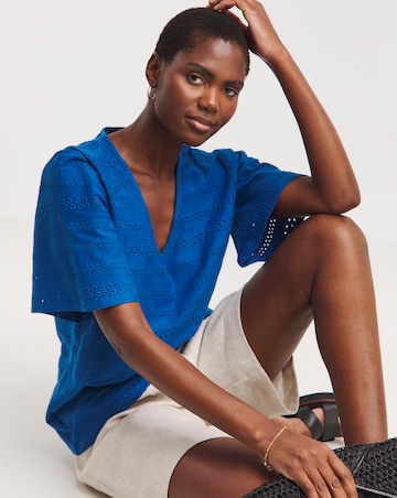 Blue V Neck Brioderie Angel Sleeve Top