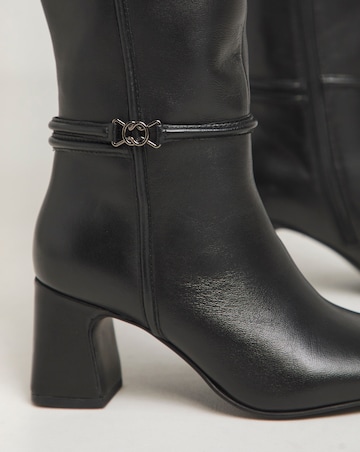 Lainey Leather Knee High Heeled Boots with Trim - Wide Fit (E) & Curvy Calf