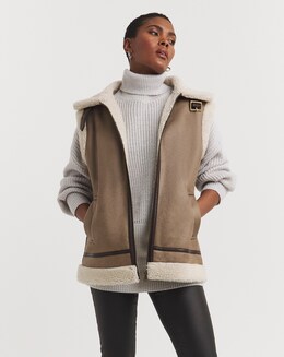 Tan Faux Shearling Aviator Gilet