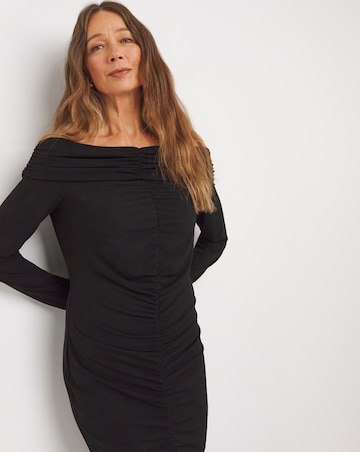 Long Sleeve Ruched Bardot Midi Dress