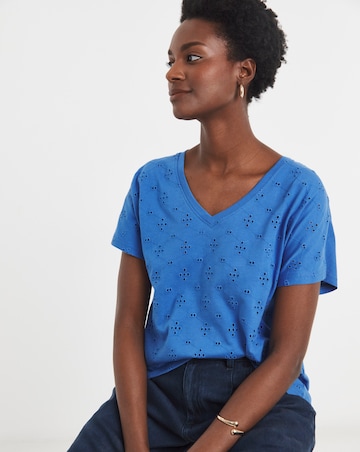 Blue V-Neck Broderie Short Sleeve T-Shirt