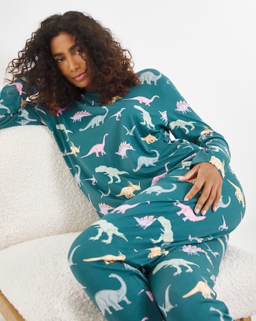 Chelsea Peers Jersey Ditsy Dinosaur Print Crew Pyjama Set