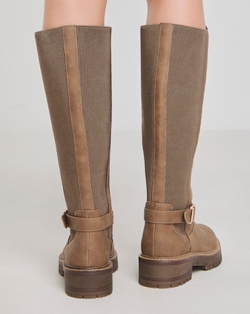 Apollo Knee High Elasticated Boots Buckle Detail - Wide Fit (E) & Curvy Calf