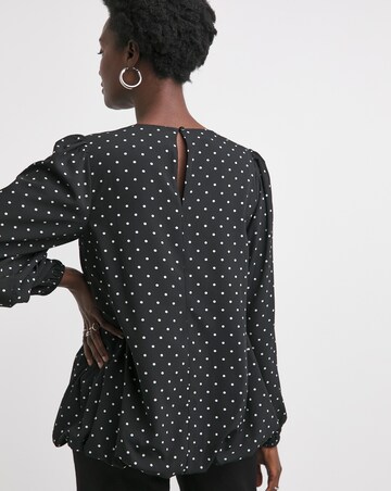 Crew Neck Blouson Sleeve Blouse - Black Spot