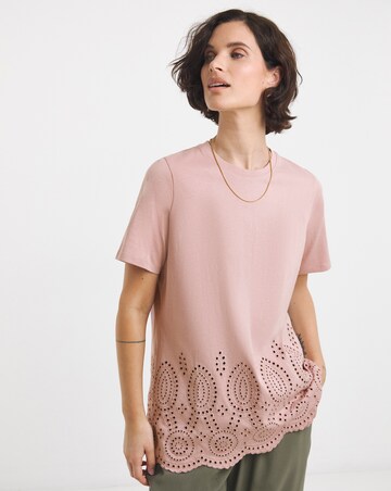 Pure Cotton Blush Short Sleeve Broderie Hem Top