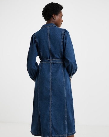 Pure Cotton Mid Blue Volume Sleeve Denim Midi Dress