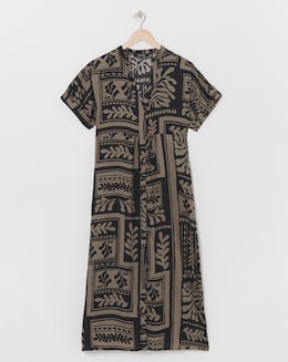 Collarless Placket Detail Smock Midi Dress